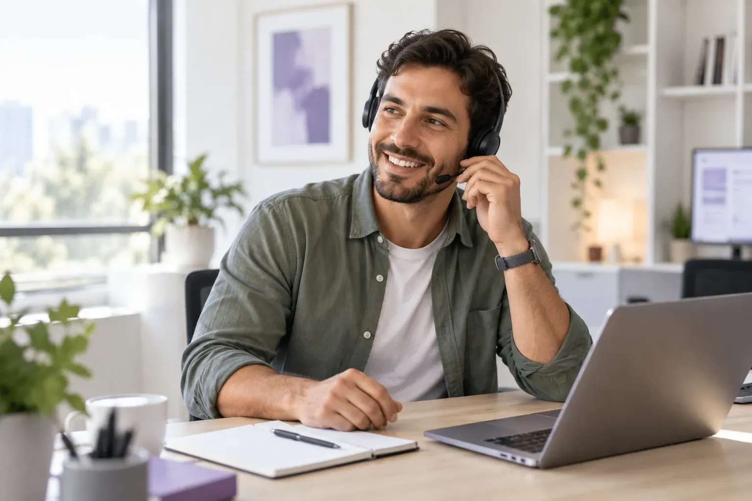 Consultor sonriente atendiendo una llamada con auriculares en su escritorio