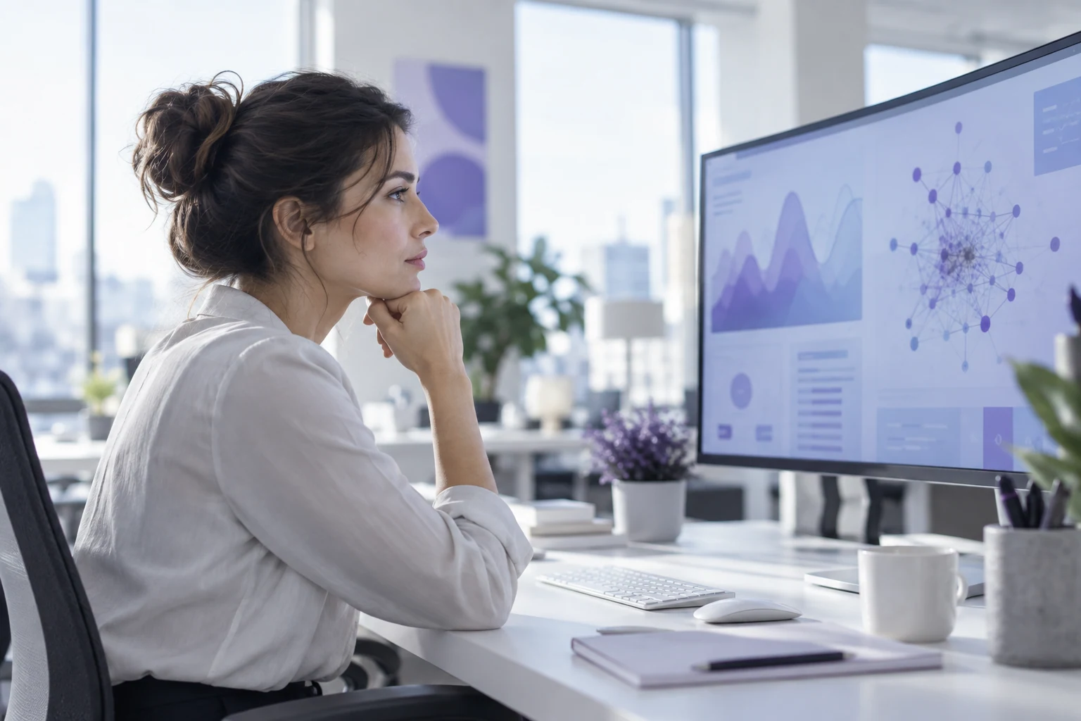 Analista de datos observando gráficos y una red neuronal en un monitor