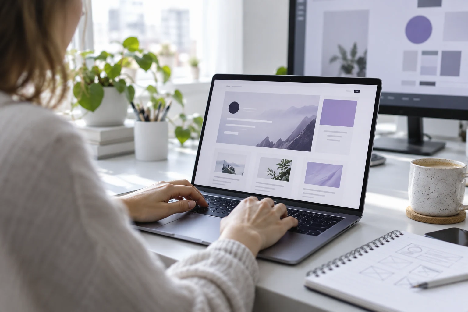 Manos de una diseñadora trabajando en una web en un portátil, con bocetos en la mesa